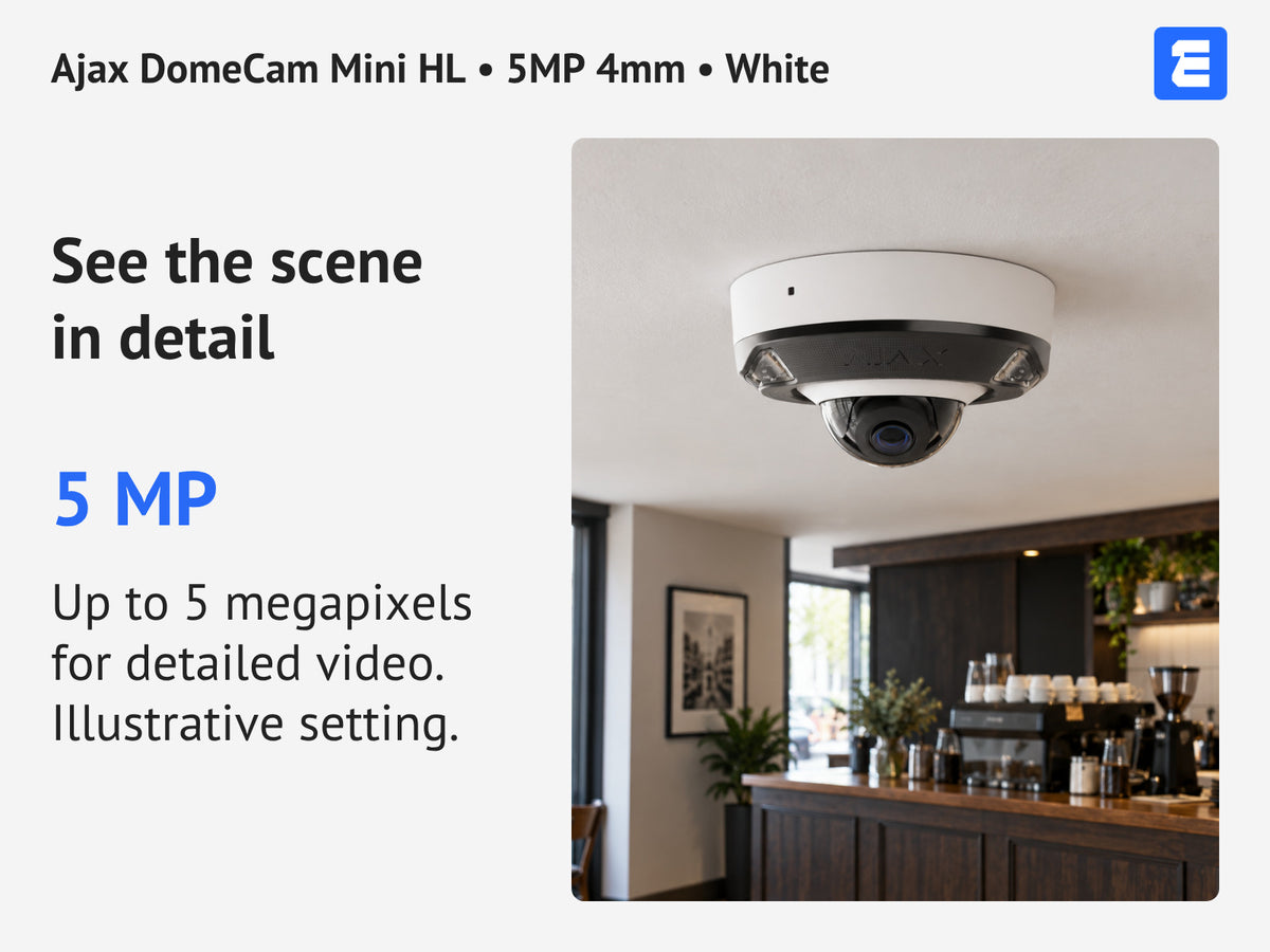 Ajax DomeCam Mini HL • 5MP 4mm • White infographic: See the scene in detail.