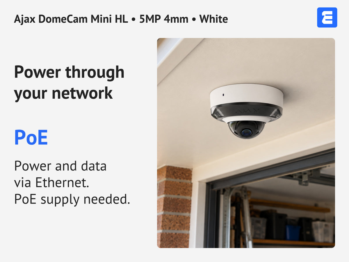 Ajax DomeCam Mini HL • 5MP 4mm • White infographic: Power through your network.