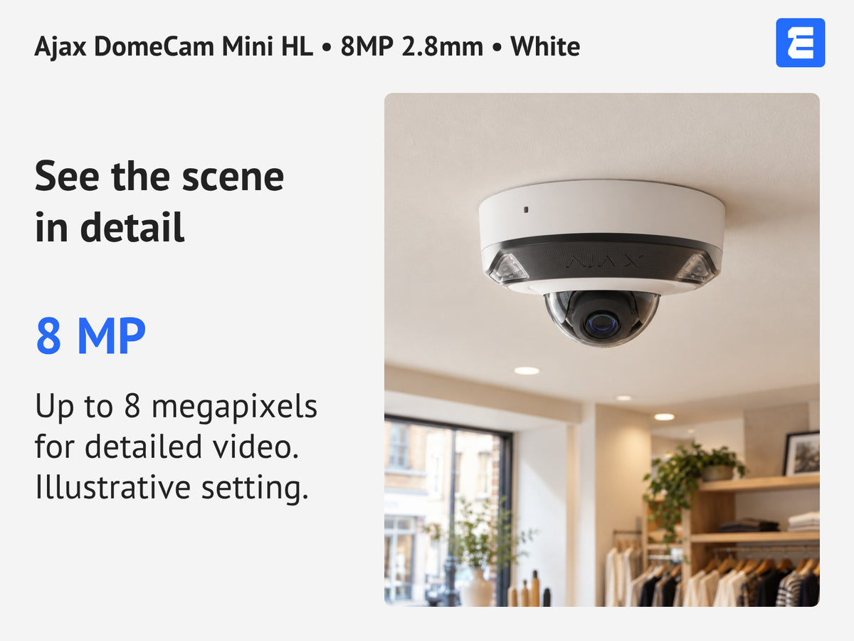 Ajax DomeCam Mini HL • 8MP 2.8mm • White infographic: See the scene in detail.