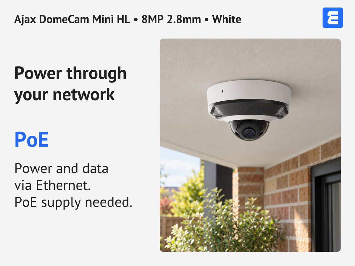Ajax DomeCam Mini HL • 8MP 2.8mm • White infographic: Power through your network.