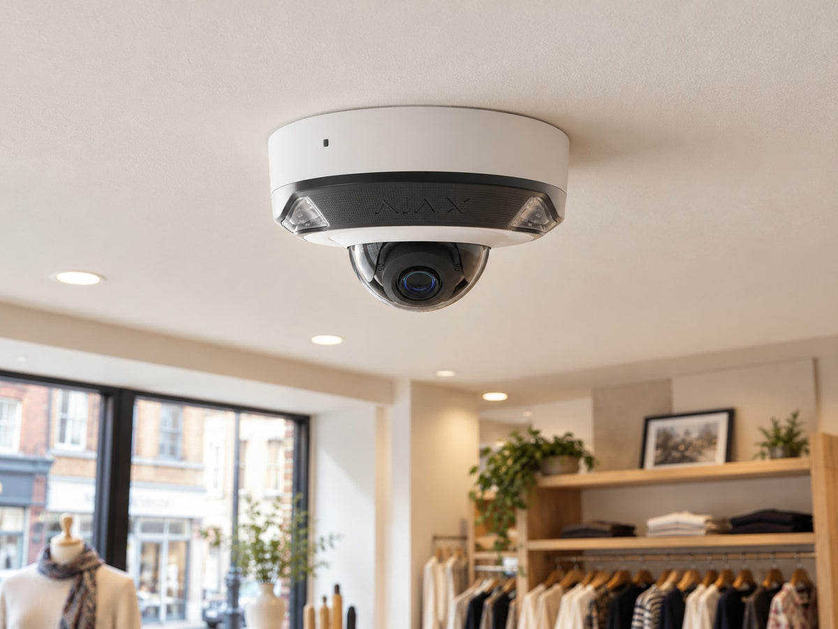 Ajax DomeCam Mini HL • 8MP 2.8mm • White installed in British boutique clothing shop interior, warm off-white ceiling.