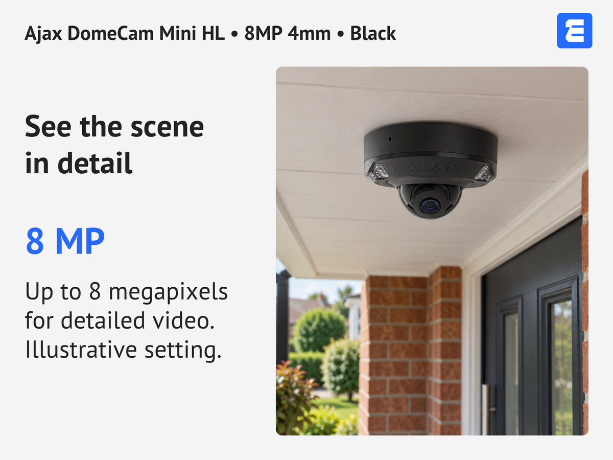 Ajax DomeCam Mini HL • 8MP 4mm • Black infographic: See the scene in detail.