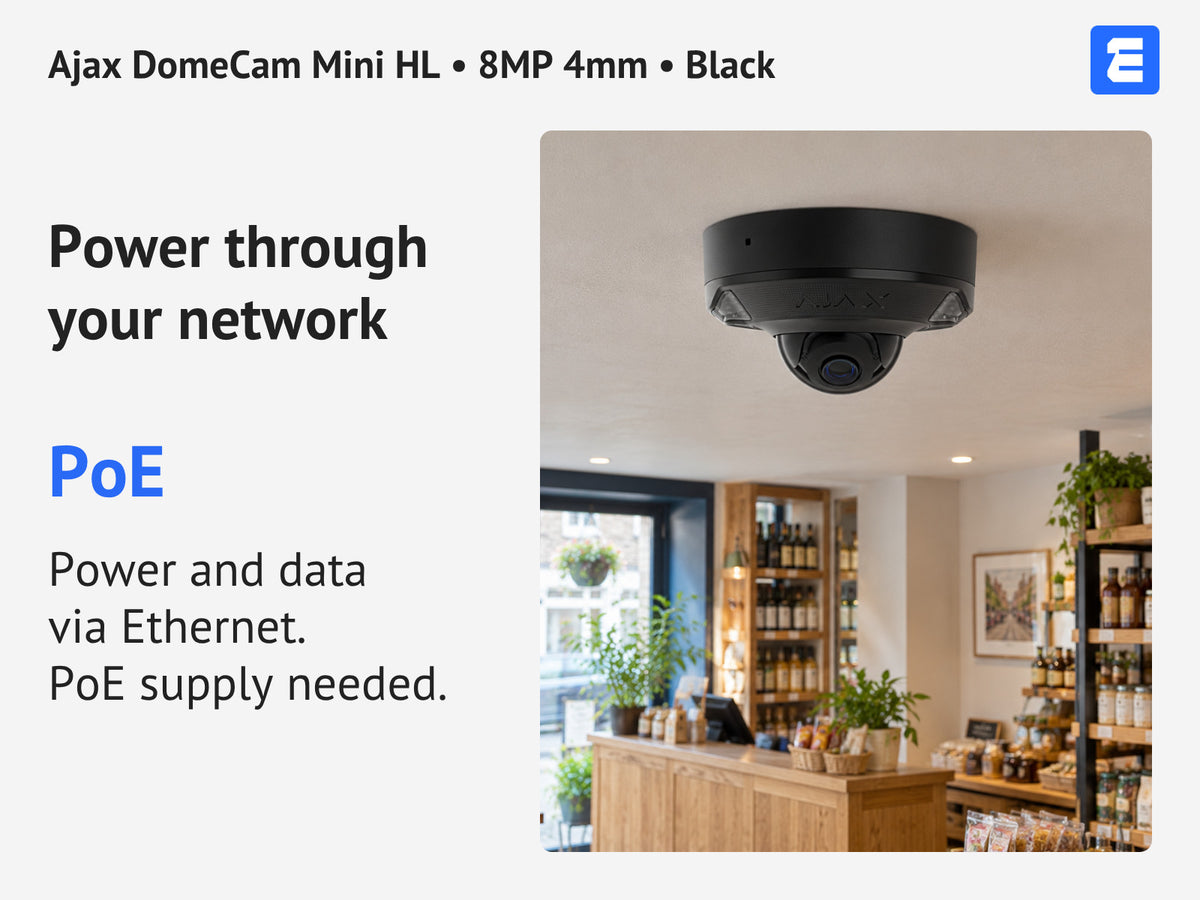 Ajax DomeCam Mini HL • 8MP 4mm • Black infographic: Power through your network.