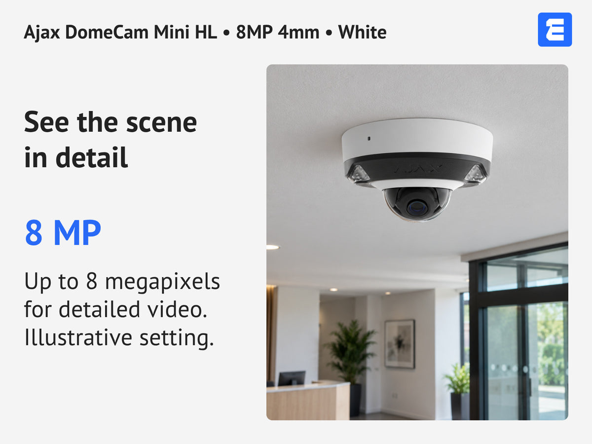 Ajax DomeCam Mini HL • 8MP 4mm • White infographic: See the scene in detail.