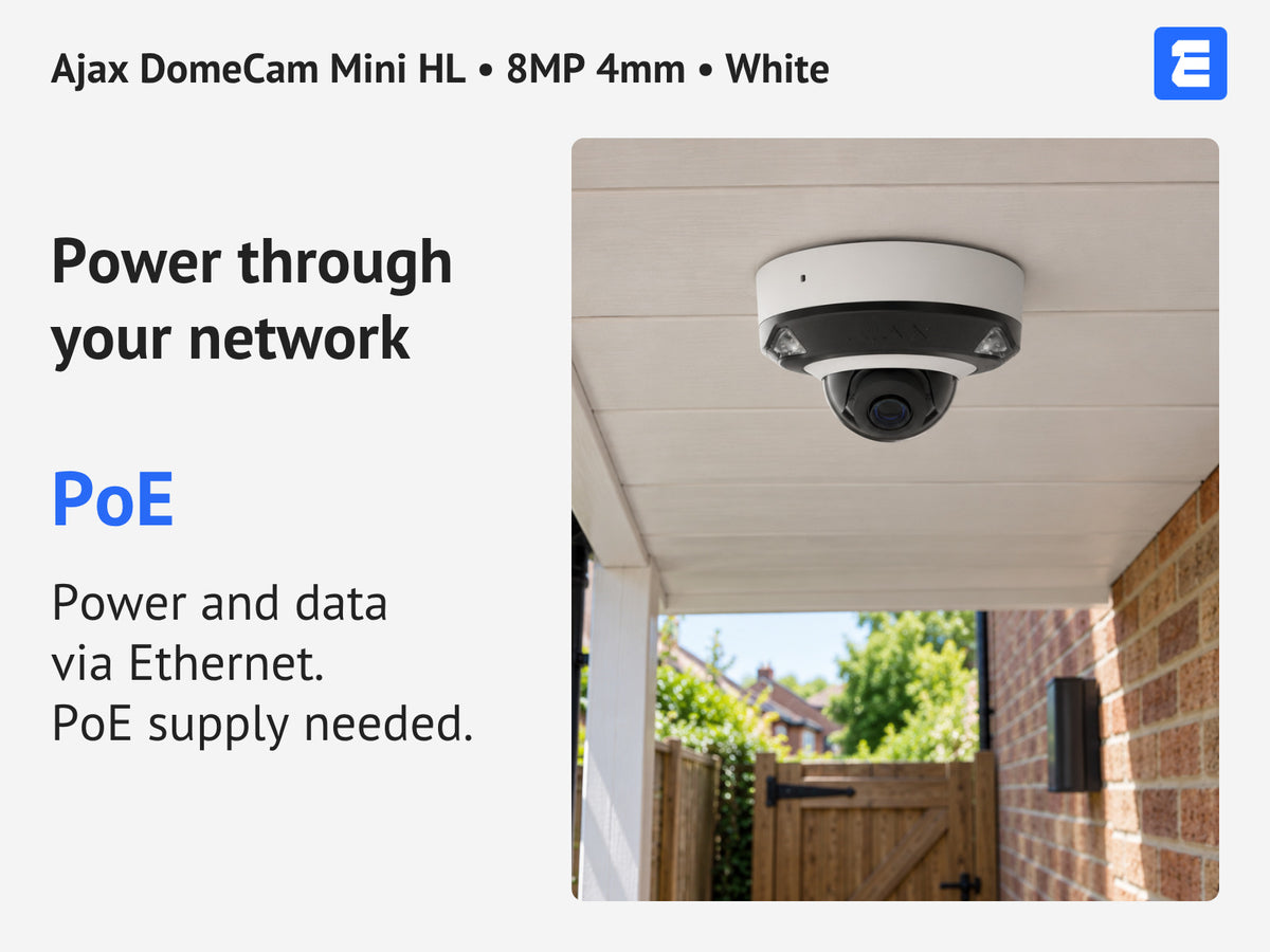 Ajax DomeCam Mini HL • 8MP 4mm • White infographic: Power through your network.