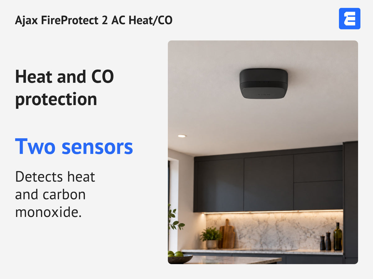 Ajax FireProtect 2 AC Heat/CO — Heat and CO protection: Two sensors. Detects heat and carbon monoxide.