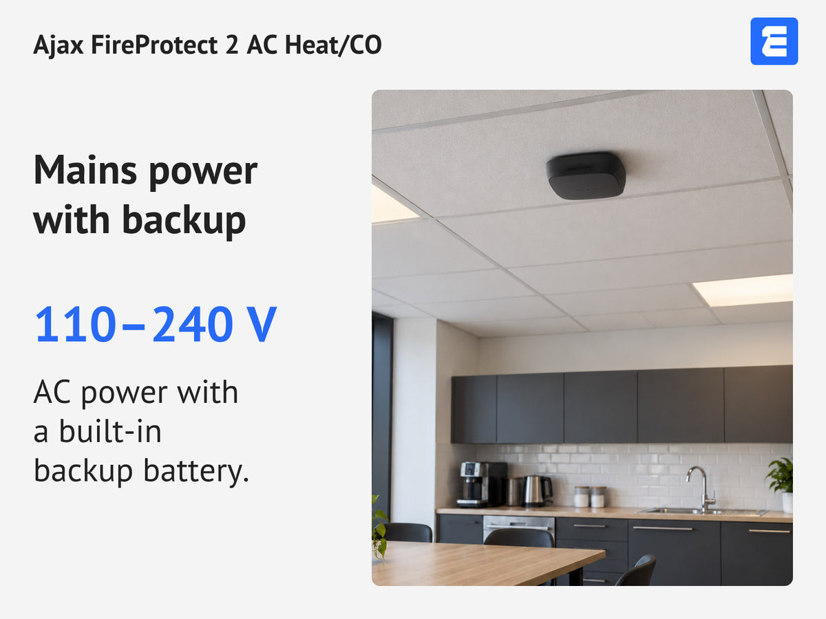 Ajax FireProtect 2 AC Heat/CO — Mains power with backup: 110–240 V. AC power with a built-in backup battery.