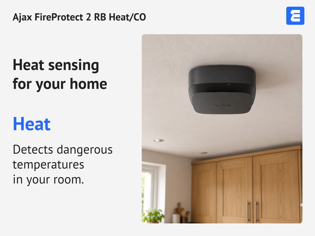 Ajax FireProtect 2 RB Heat/CO infographic: Heat sensing for your home.