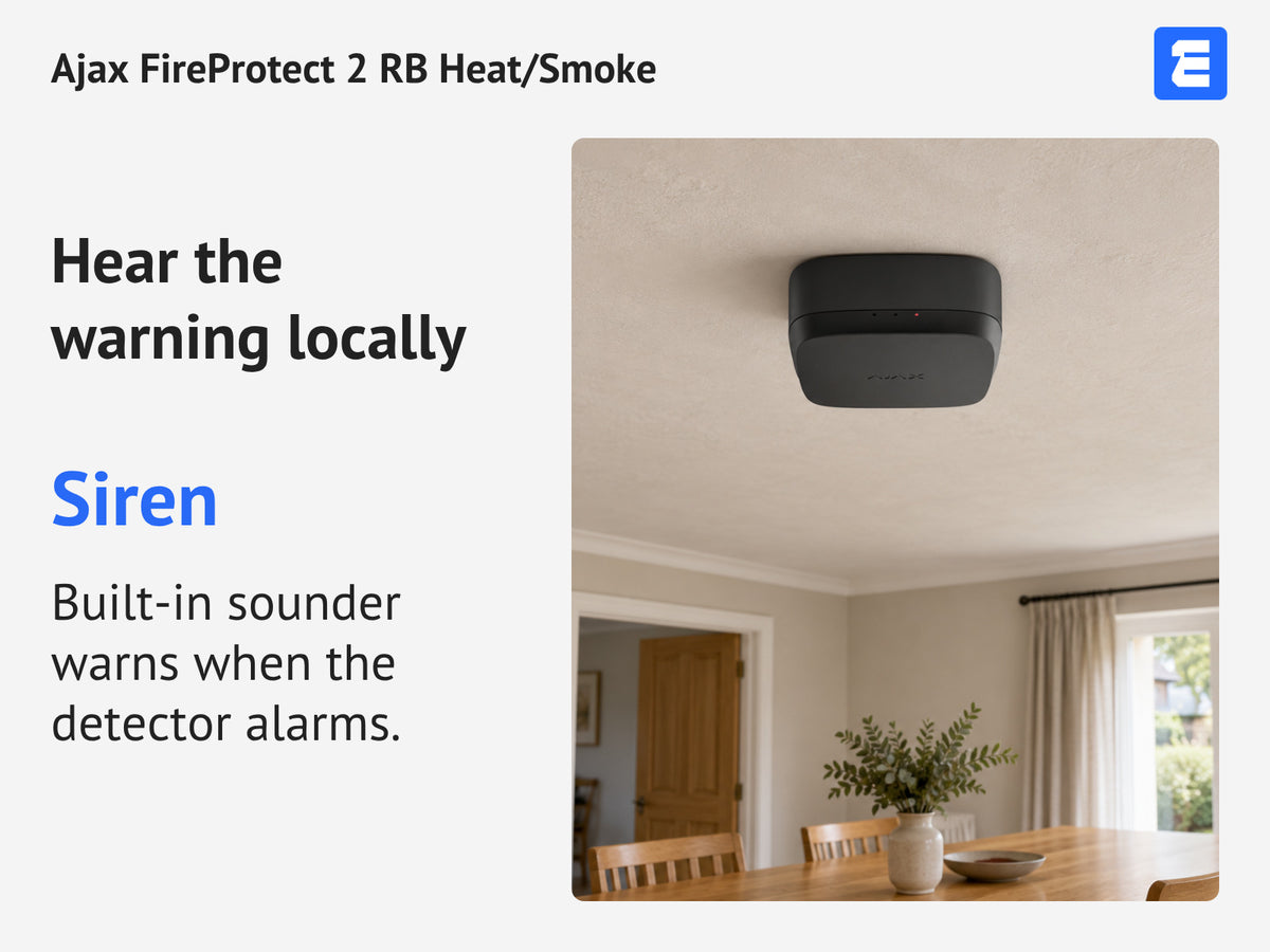 Ajax FireProtect 2 RB Heat/Smoke infographic: Hear the warning locally.