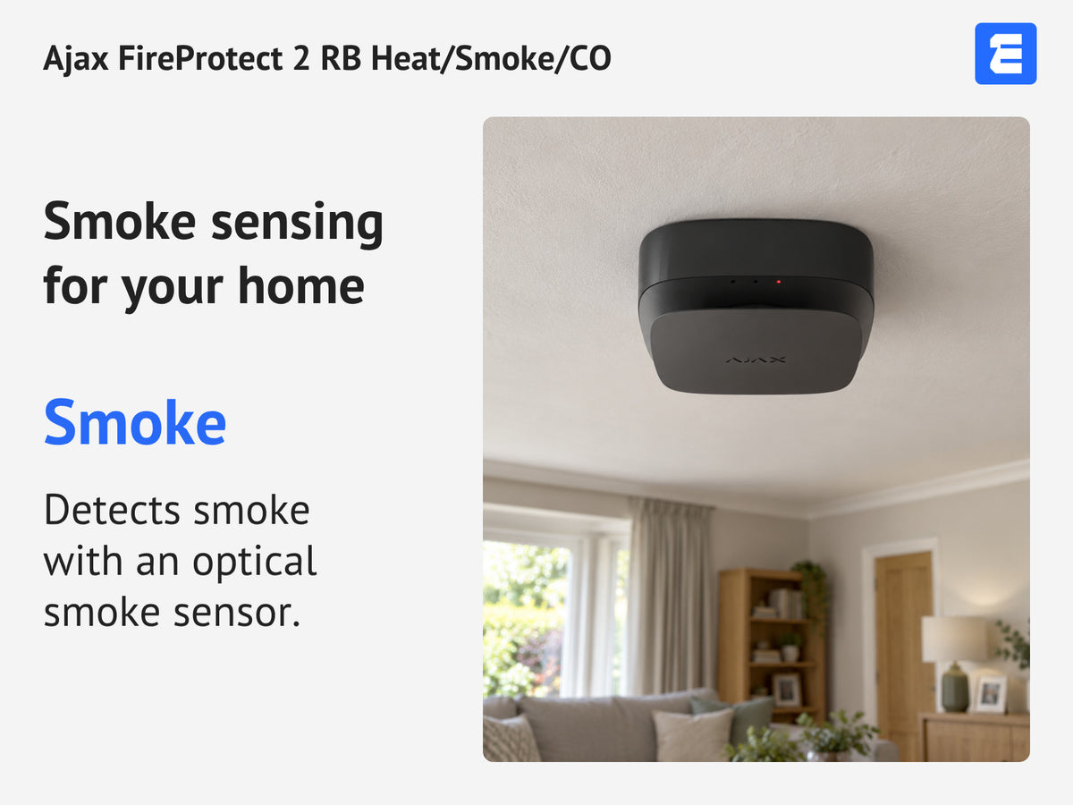 Ajax FireProtect 2 RB Heat/Smoke/CO infographic: Smoke sensing for your home.