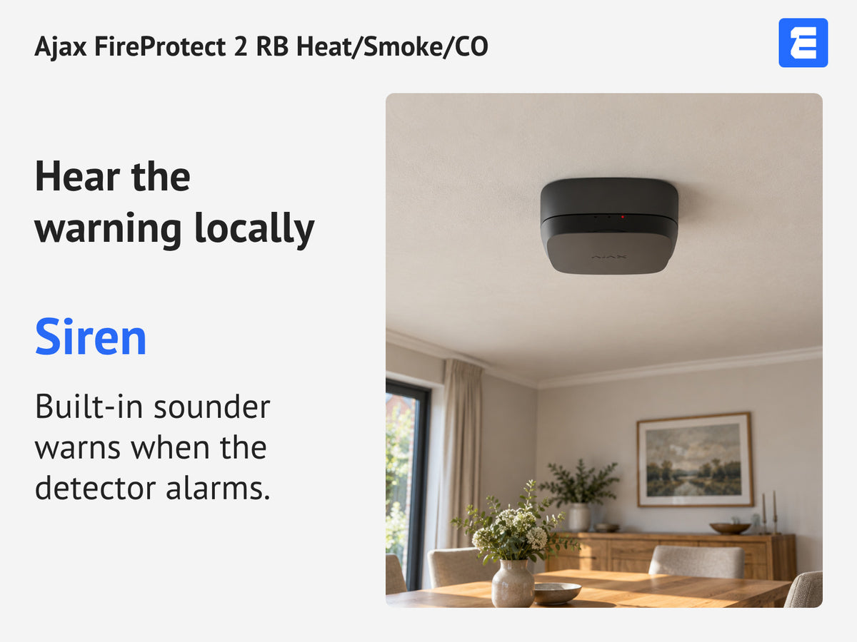 Ajax FireProtect 2 RB Heat/Smoke/CO infographic: Hear the warning locally.