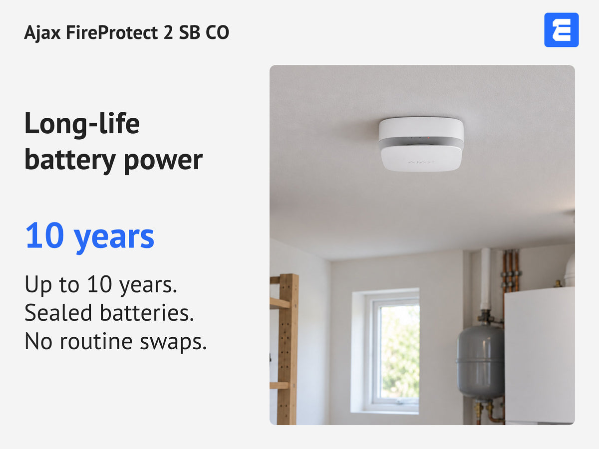 Ajax FireProtect 2 SB CO — Long-life battery power: 10 years. Up to 10 years. Sealed batteries. No routine swaps.
