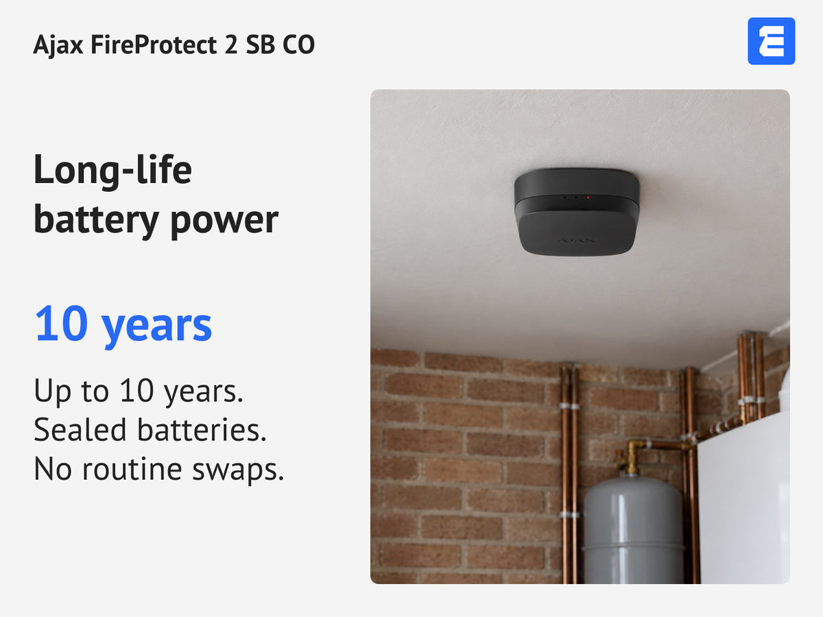 Ajax FireProtect 2 SB CO — Long-life battery power: 10 years. Up to 10 years. Sealed batteries. No routine swaps.