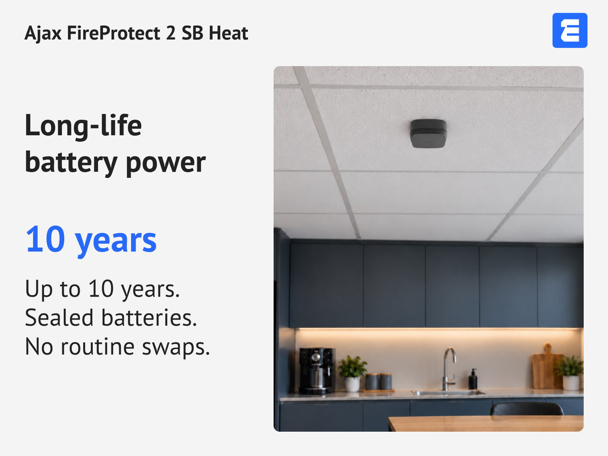 Ajax FireProtect 2 SB Heat — Long-life battery power: 10 years. Up to 10 years. Sealed batteries. No routine swaps.