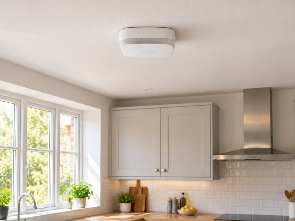 Ajax FireProtect 2 SB Heat/CO in a bright British domestic kitchen.