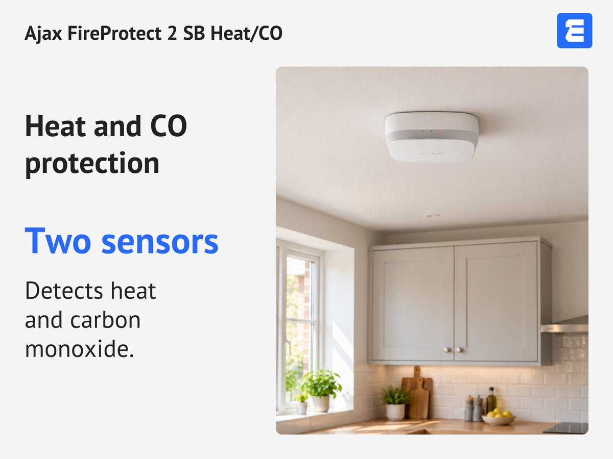 Ajax FireProtect 2 SB Heat/CO — Heat and CO protection: Two sensors. Detects heat and carbon monoxide.
