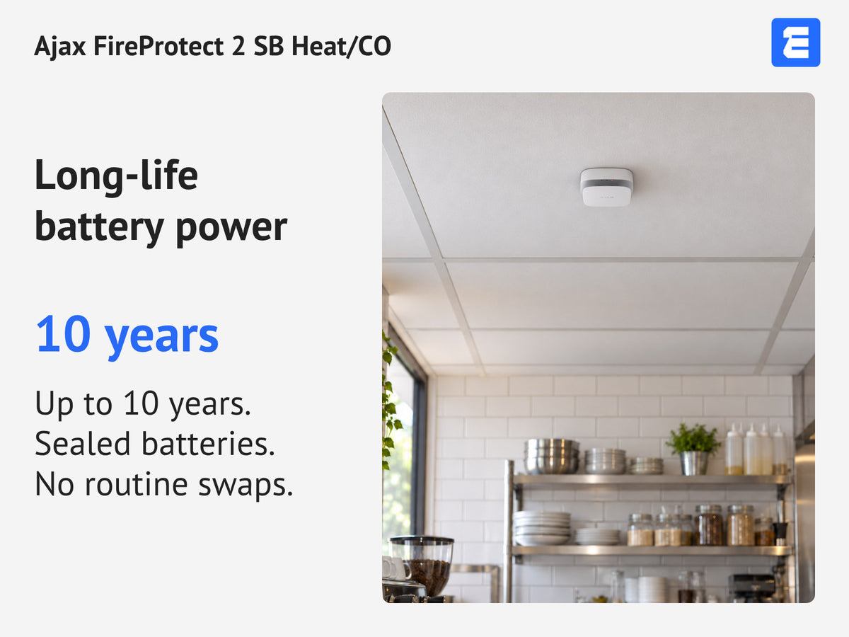 Ajax FireProtect 2 SB Heat/CO — Long-life battery power: 10 years. Up to 10 years. Sealed batteries. No routine swaps.