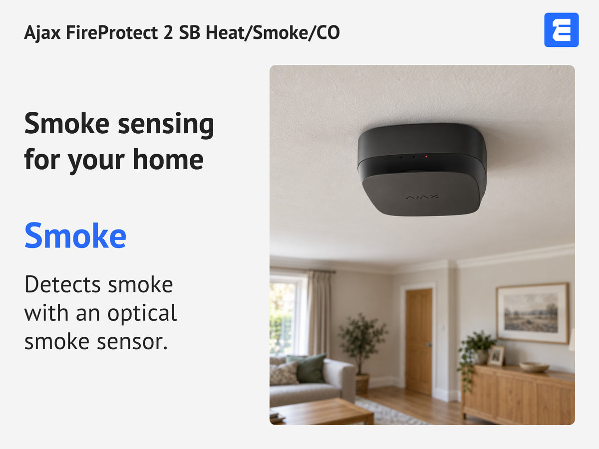 Ajax FireProtect 2 SB Heat/Smoke/CO infographic: Smoke sensing for your home.