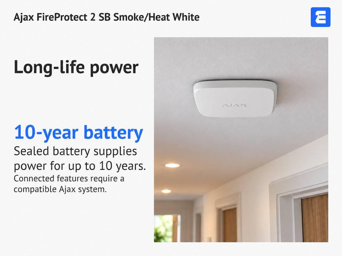 Ajax FireProtect 2 SB Smoke/Heat White at a hallway ceiling; infographic: Long-life power 10-year battery Sealed battery supplies power for up to 10 years.