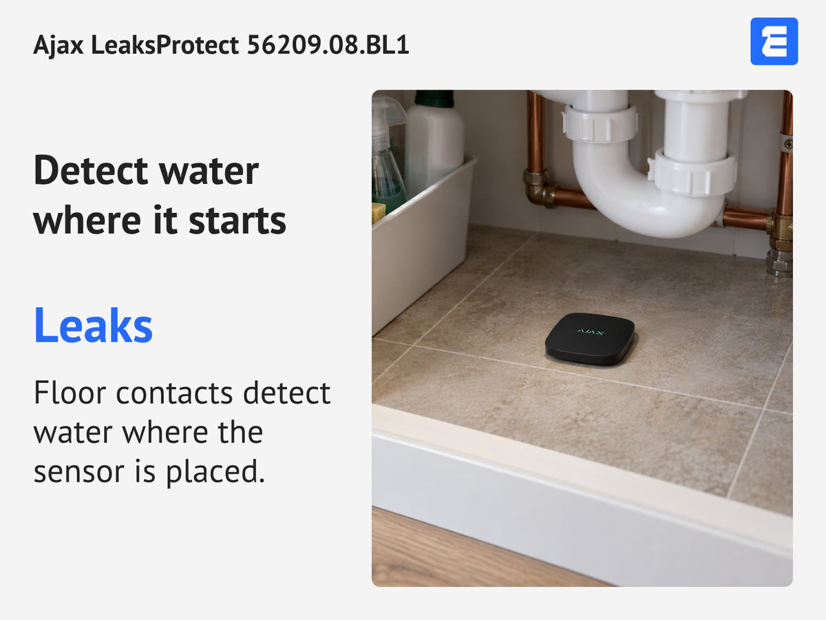 Ajax LeaksProtect 56209.08.BL1 infographic: Detect water where it starts.