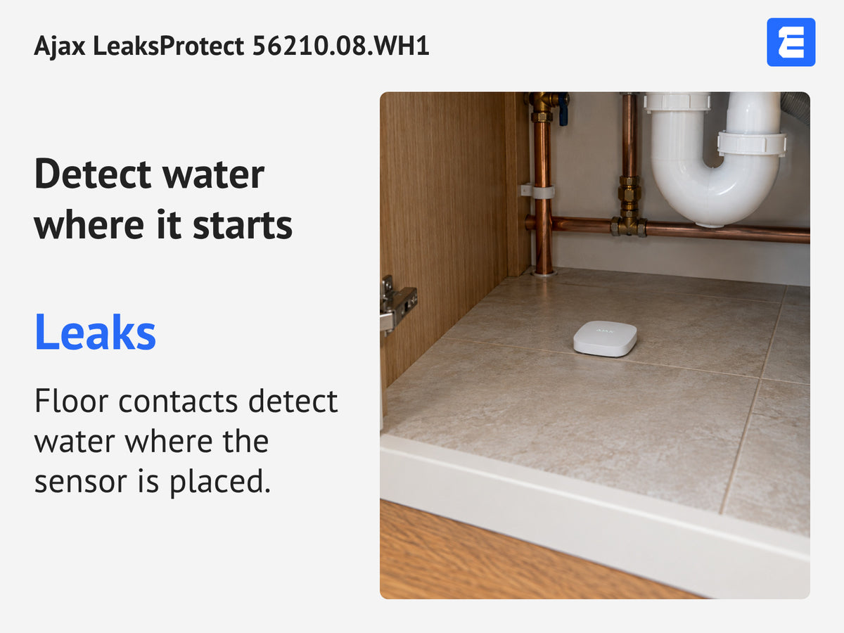 Ajax LeaksProtect 56210.08.WH1 infographic: Detect water where it starts.