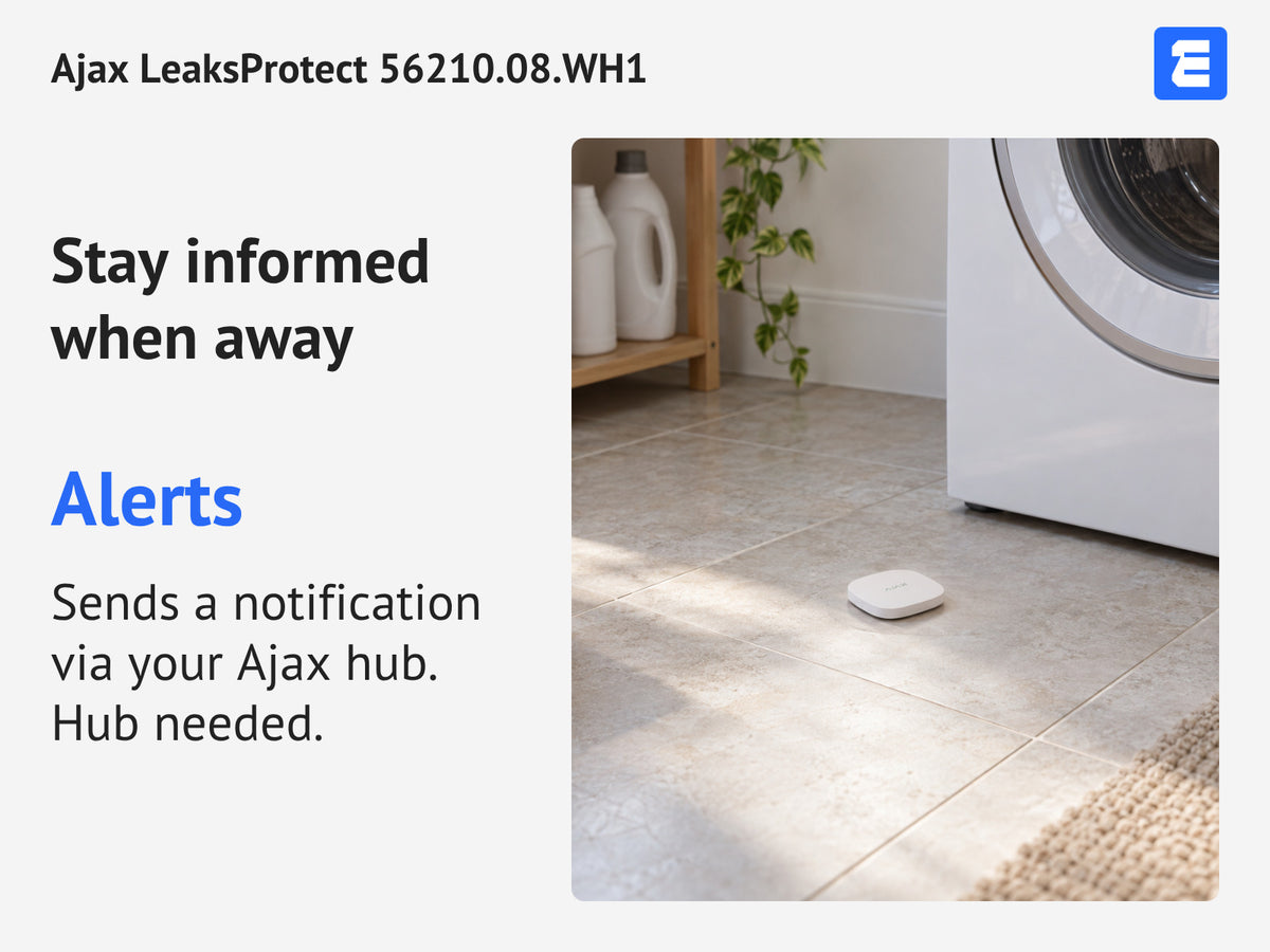 Ajax LeaksProtect 56210.08.WH1 infographic: Stay informed when away.