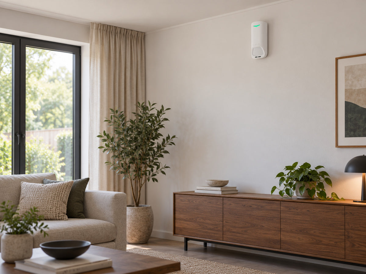 Ajax Superior MotionProtect G3 Fibra on a living-room wall.
