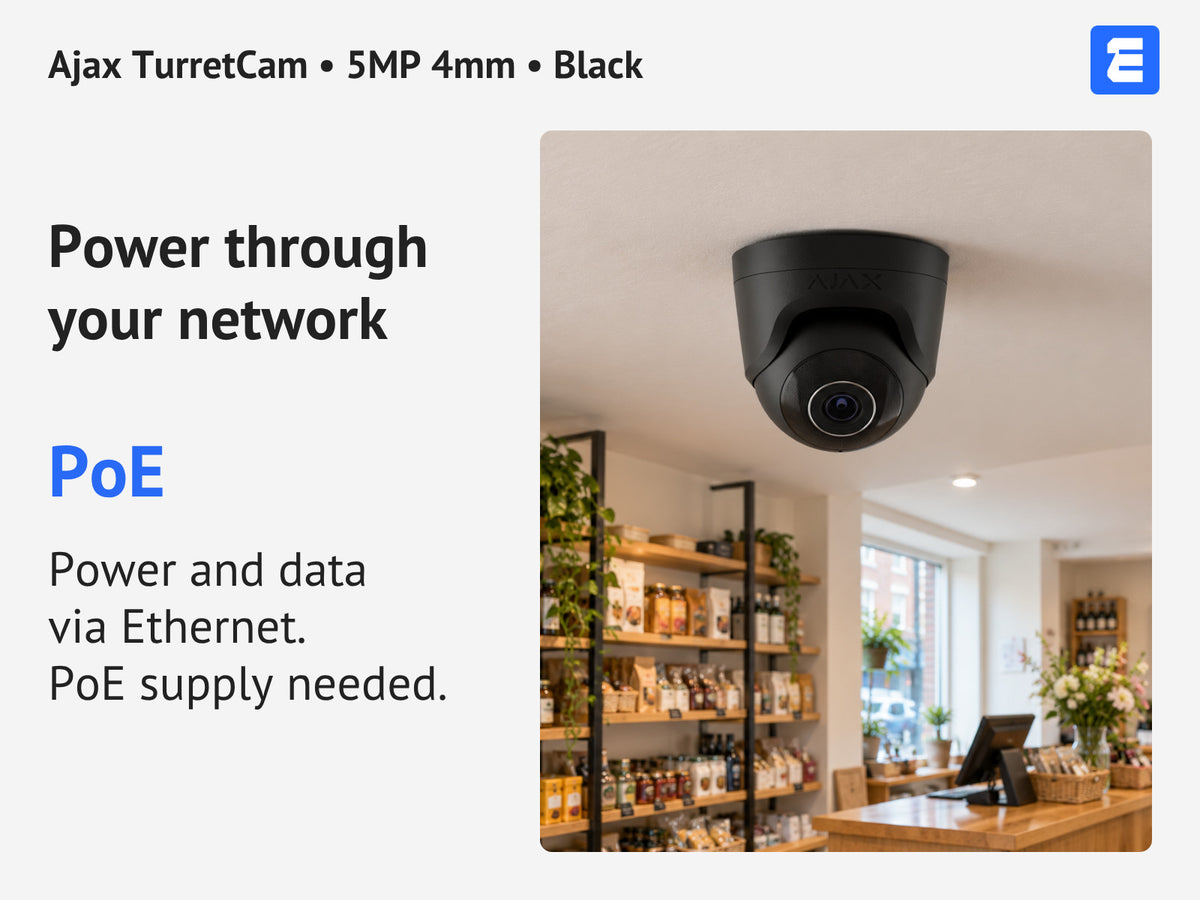 Ajax TurretCam • 5MP 4mm • Black infographic: Power through your network.