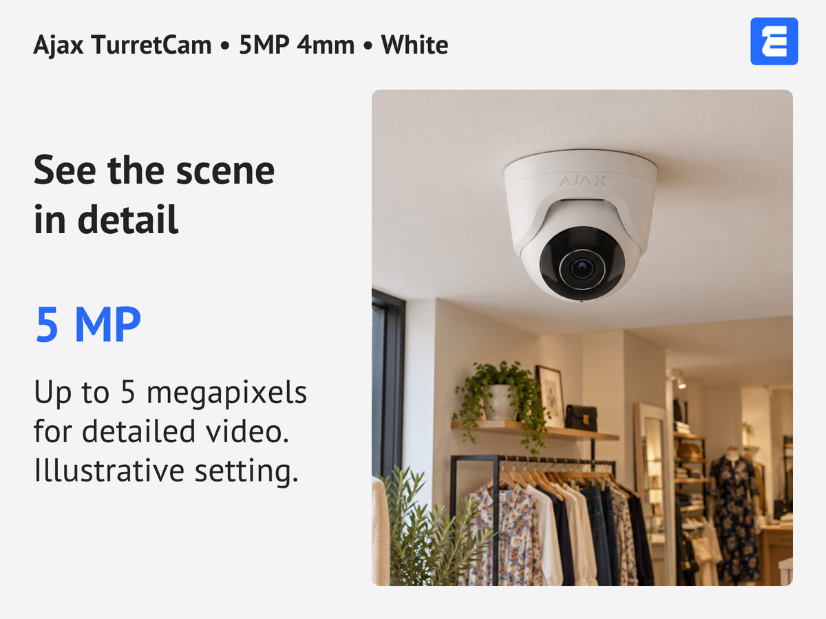 Ajax TurretCam • 5MP 4mm • White infographic: See the scene in detail.