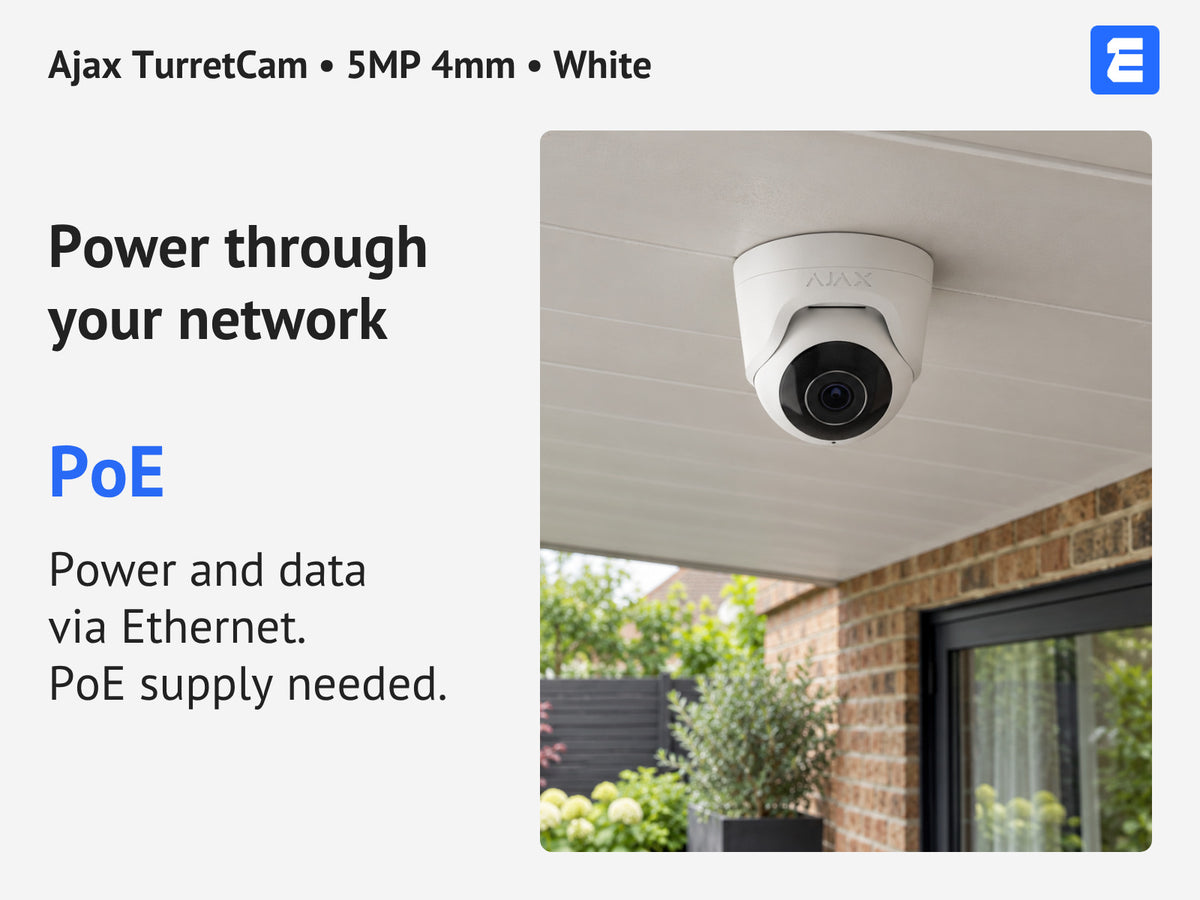 Ajax TurretCam • 5MP 4mm • White infographic: Power through your network.