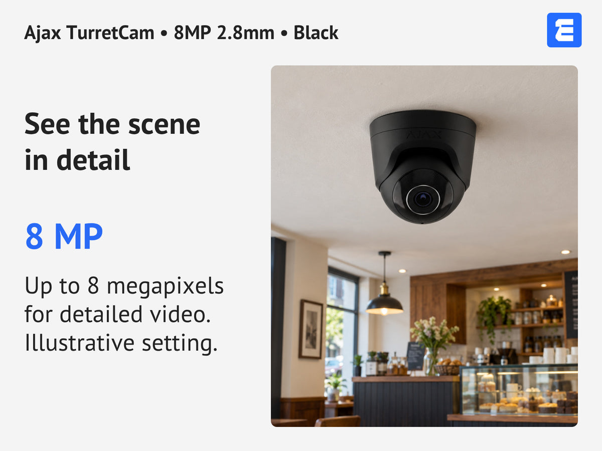 Ajax TurretCam • 8MP 2.8mm • Black infographic: See the scene in detail.
