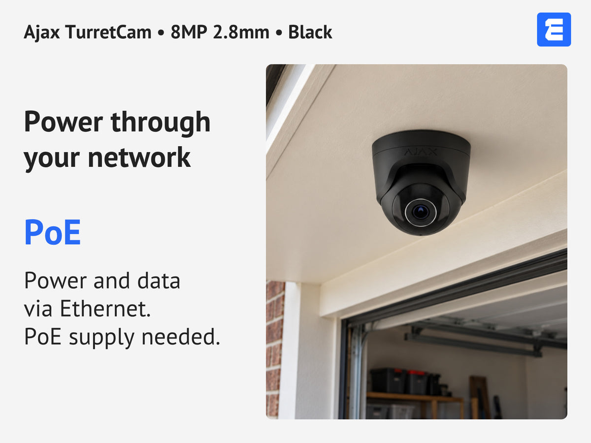Ajax TurretCam • 8MP 2.8mm • Black infographic: Power through your network.