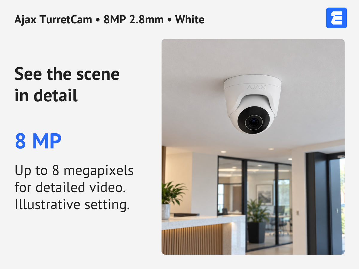 Ajax TurretCam • 8MP 2.8mm • White infographic: See the scene in detail.