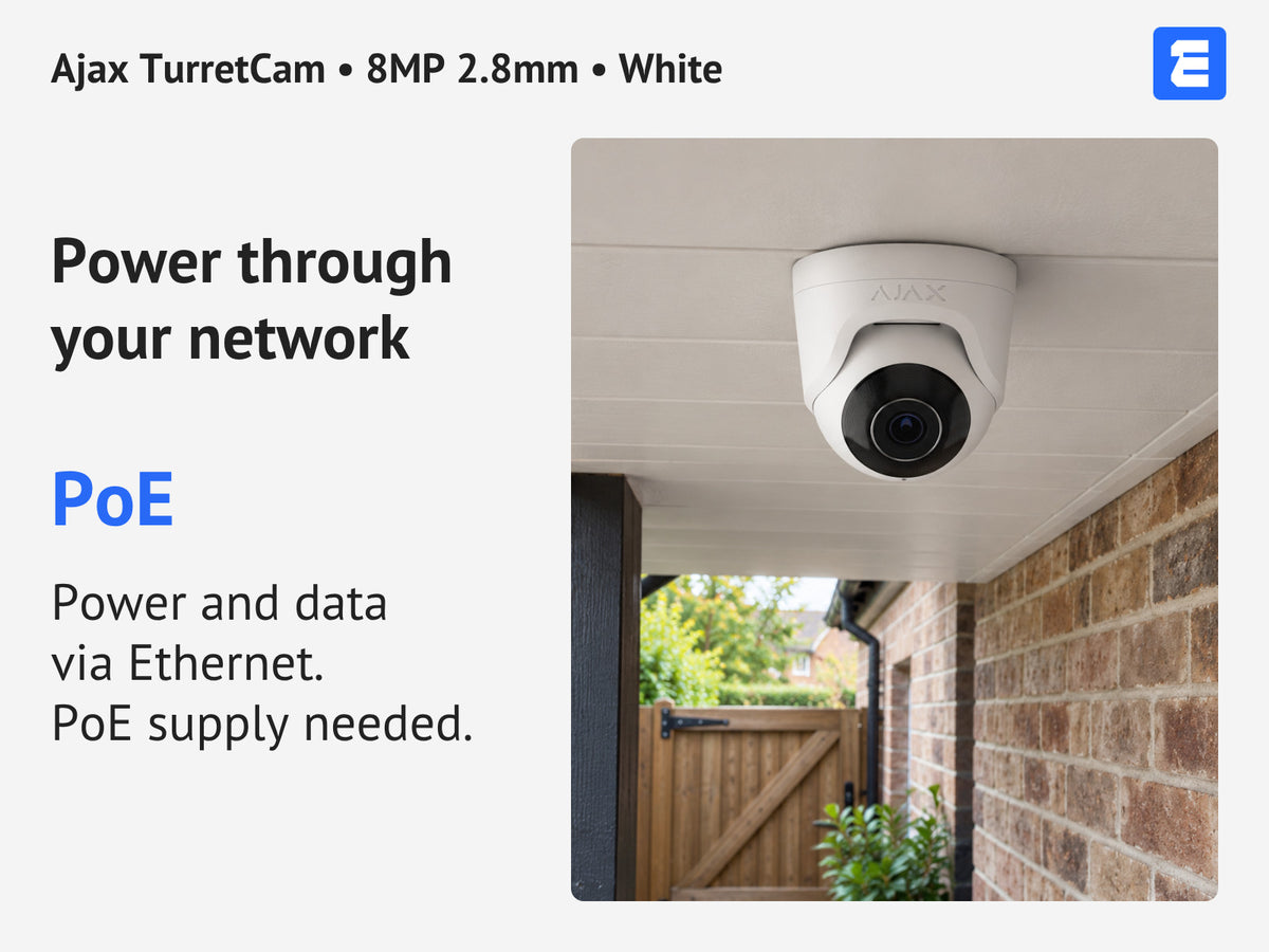 Ajax TurretCam • 8MP 2.8mm • White infographic: Power through your network.