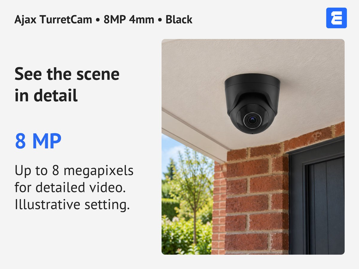 Ajax TurretCam • 8MP 4mm • Black infographic: See the scene in detail.
