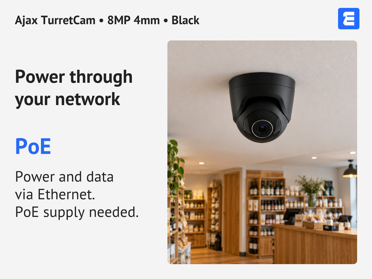 Ajax TurretCam • 8MP 4mm • Black infographic: Power through your network.