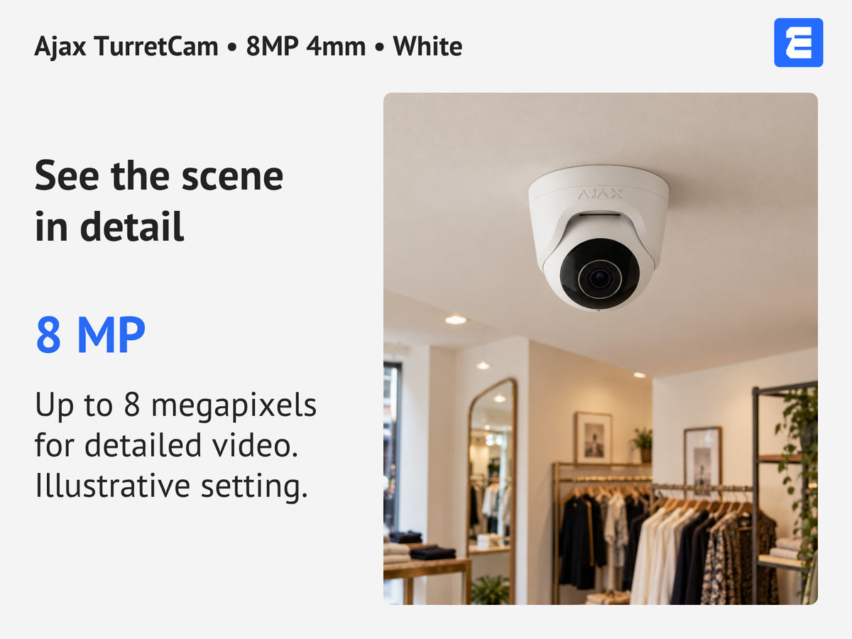 Ajax TurretCam • 8MP 4mm • White infographic: See the scene in detail.