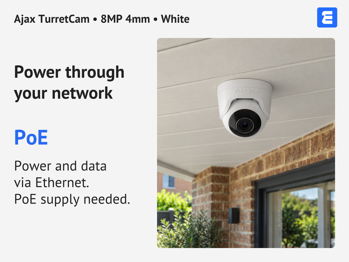 Ajax TurretCam • 8MP 4mm • White infographic: Power through your network.