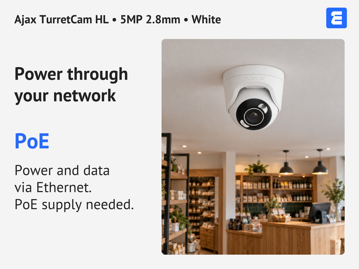 Ajax TurretCam HL • 5MP 2.8mm • White infographic: Power through your network.