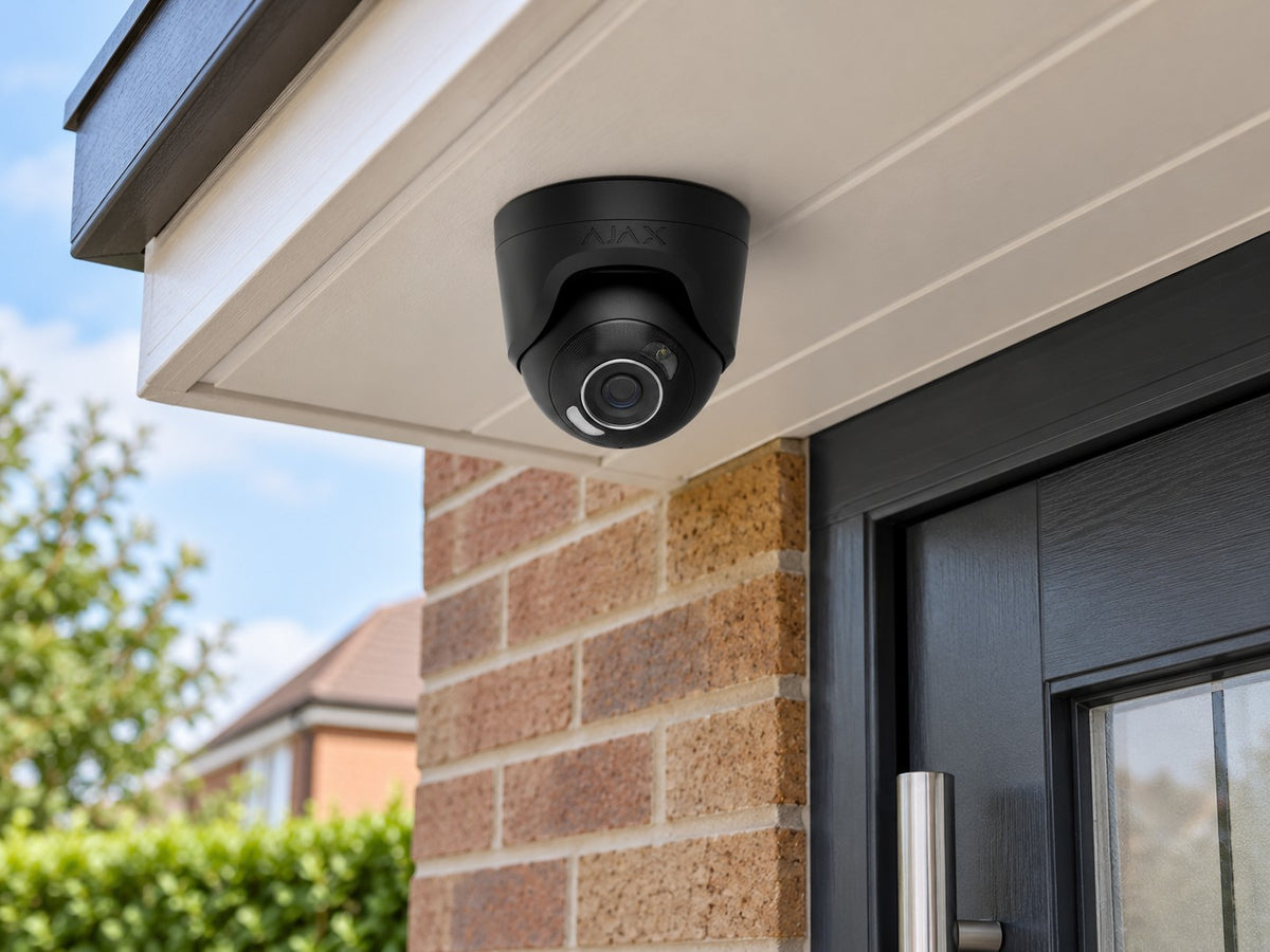 Ajax TurretCam HL • 5MP 4mm • Black installed in British detached-house soffit.
