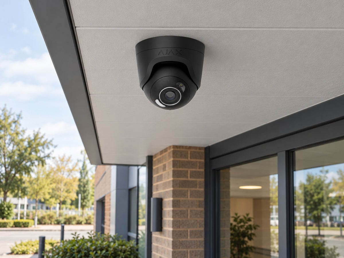 Ajax TurretCam HL • 5MP 4mm • Black installed in British studio entrance canopy.