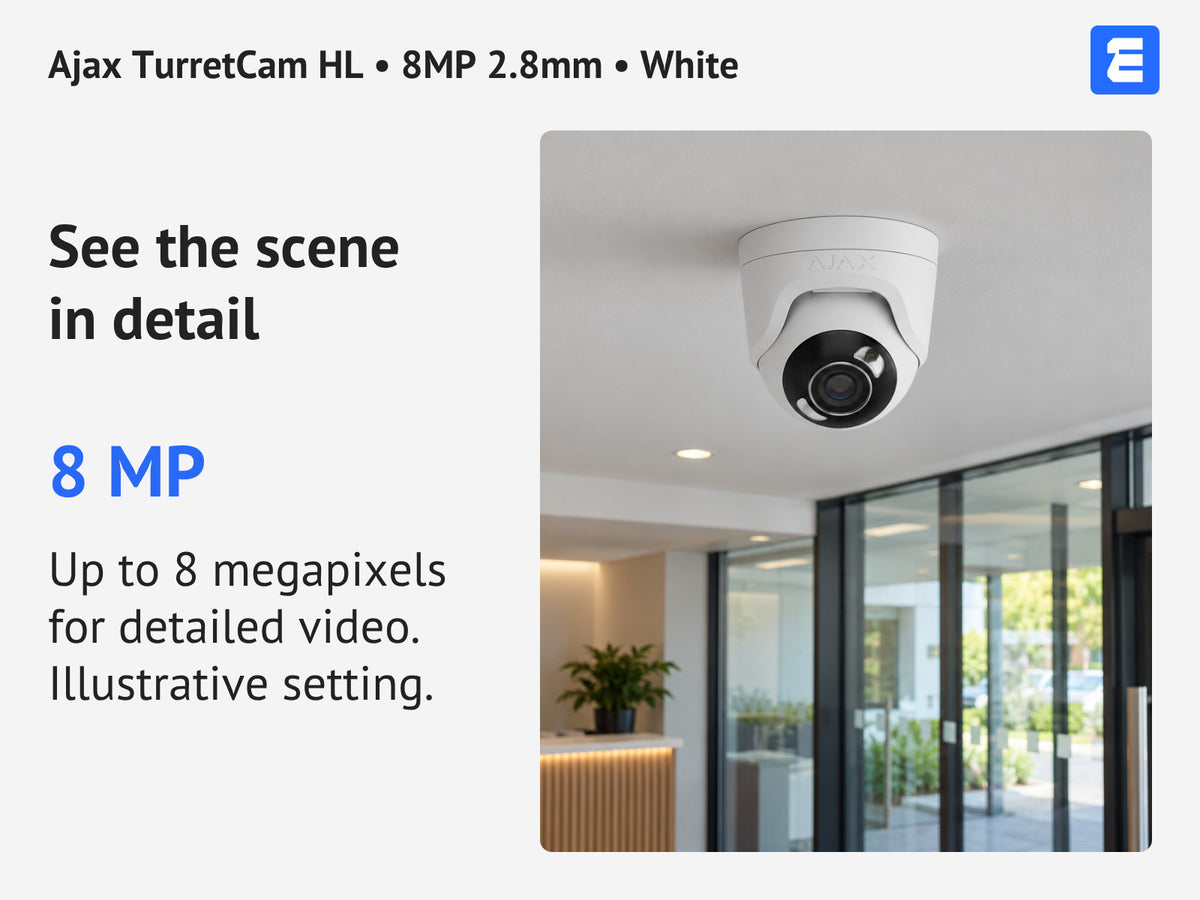 Ajax TurretCam HL • 8MP 2.8mm • White infographic: See the scene in detail.
