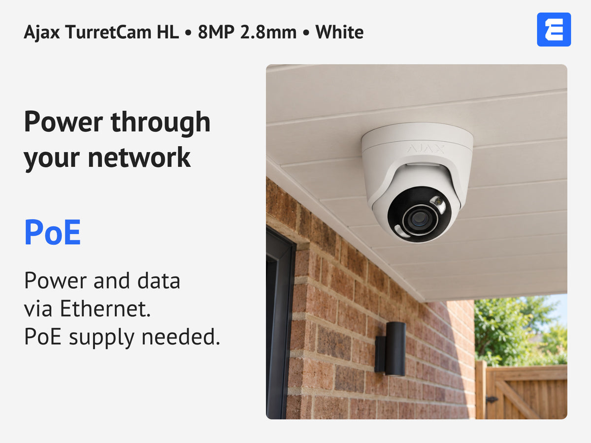 Ajax TurretCam HL • 8MP 2.8mm • White infographic: Power through your network.