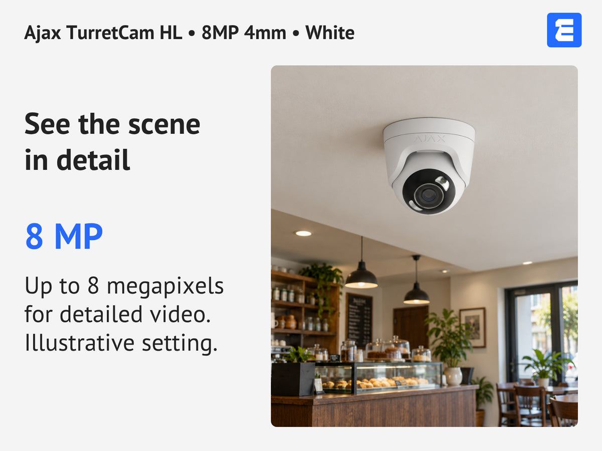 Ajax TurretCam HL • 8MP 4mm • White infographic: See the scene in detail.