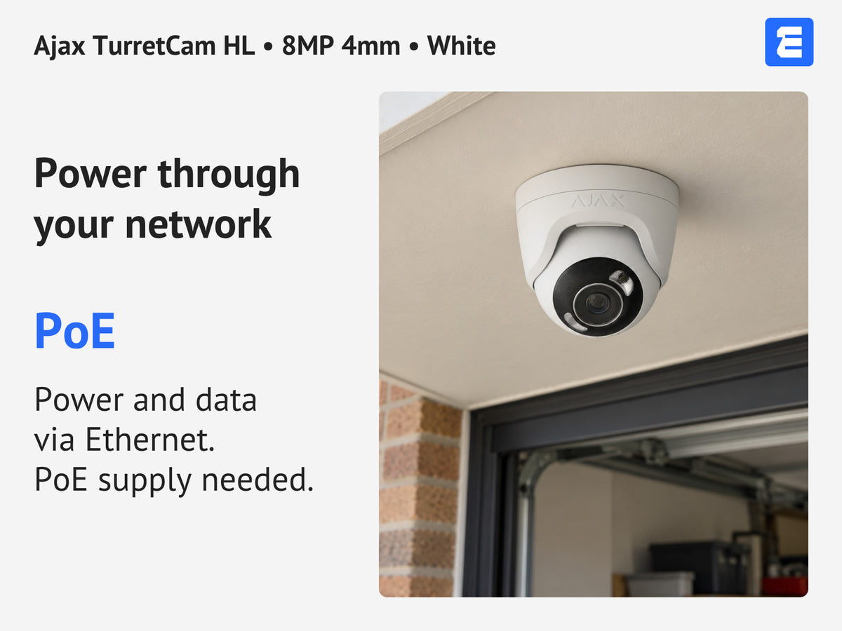 Ajax TurretCam HL • 8MP 4mm • White infographic: Power through your network.