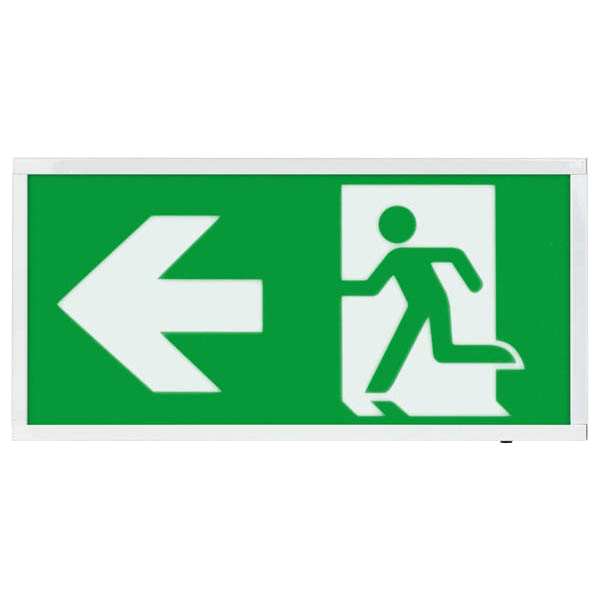 Duceri D120SLWH Fire Exit Sign, Surface Exit Box, 3W LED IP20 Left Legend Lithium Battery Switchable Self-Test White
