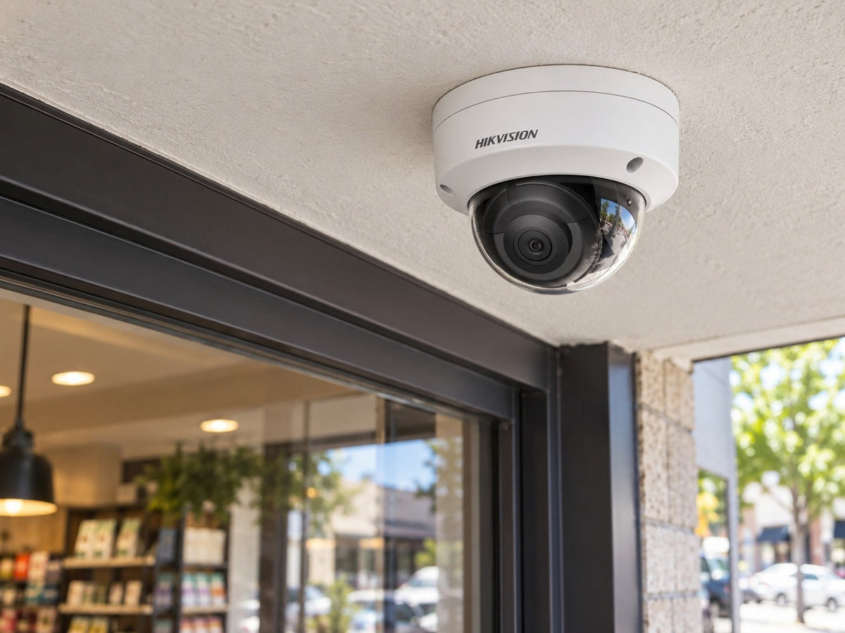 Hikvision DS-2CD2143G2-IS (2.8 mm) shown at a shop entrance ceiling.