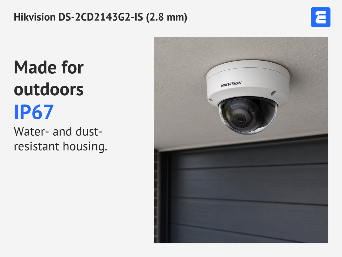 Hikvision DS-2CD2143G2-IS (2.8 mm) at garage eaves; infographic: Made for outdoors IP67 Water- and dust- resistant housing.