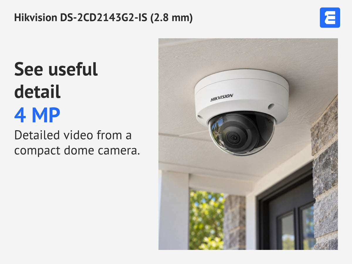 Hikvision DS-2CD2143G2-IS (2.8 mm) at a porch ceiling; infographic: See useful detail 4 MP Detailed video from a compact dome camera.