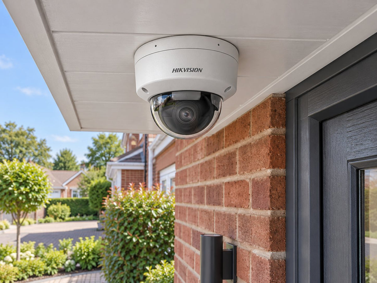 Hikvision DS-2CD2147G3-LIS2UY • White installed in A UK home entrance beneath a white horizontal canopy, red brick wall and planted driveway below.